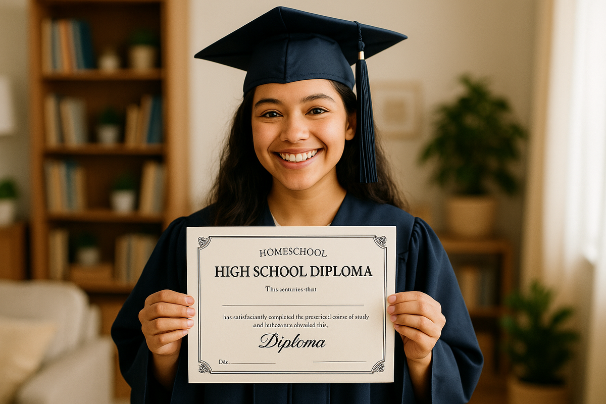homeschool female student graduating with high school certificate